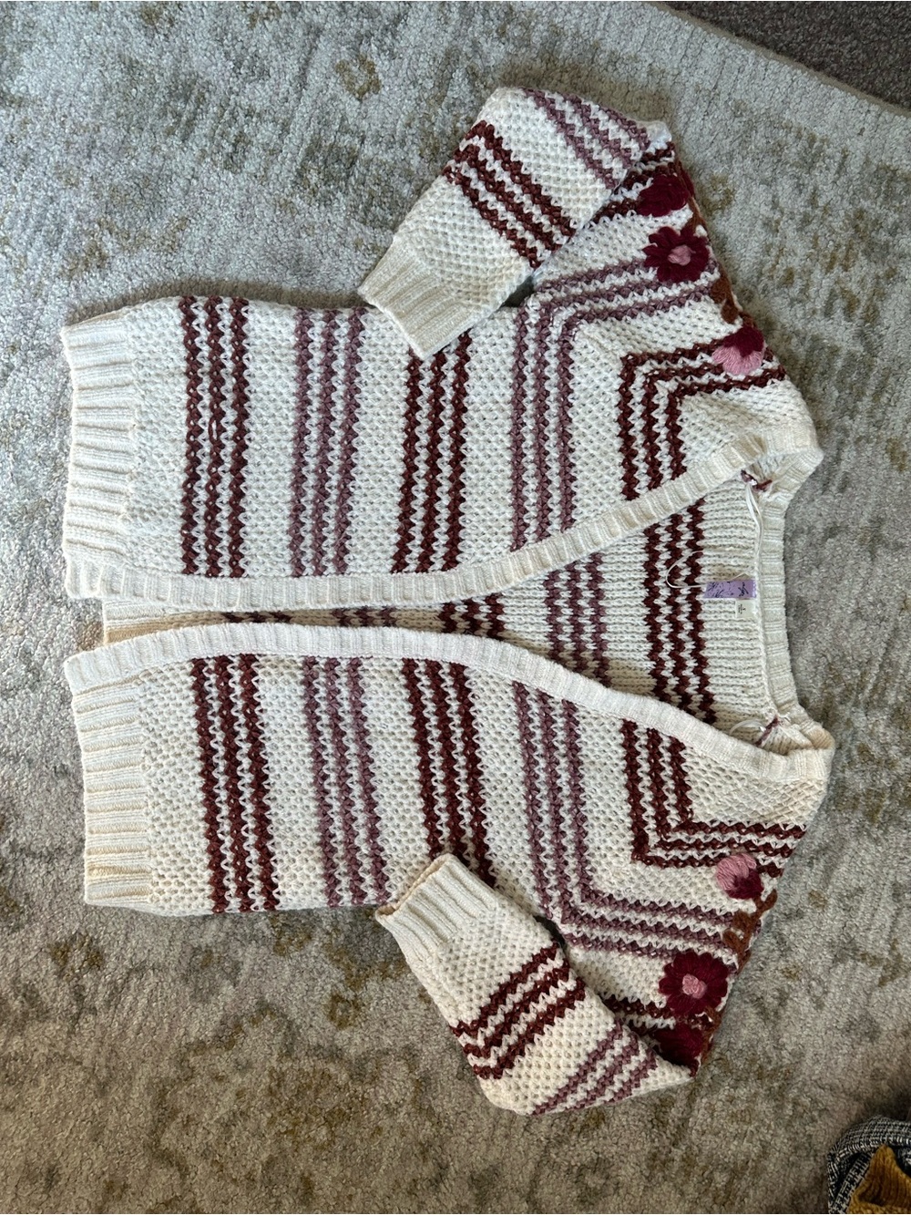 Cream Striped Embroidered Floral Chunky Cardigan